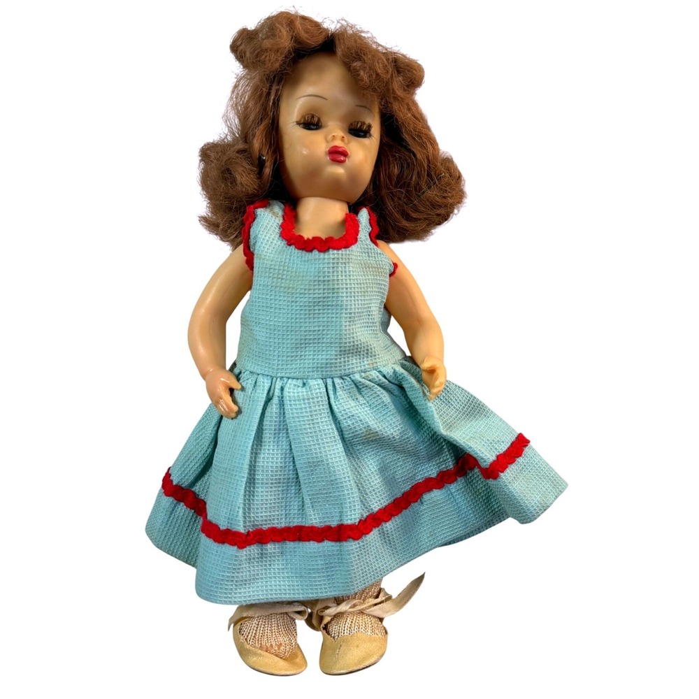 1950s Kitsch Doll 8in Blue Waffle Dress Sleepy Eye Cottagecore Retro MCM Vintage